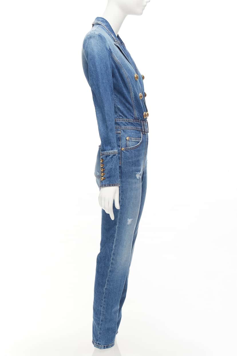 Balmain Distressed Denim Jumpsuit Blue Polyester Never worn - Model View