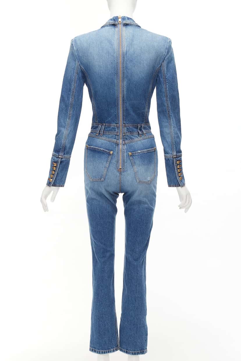 Balmain Distressed Denim Jumpsuit Blue Polyester Never worn - Box View