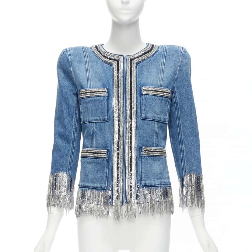 Balmain Blue Denim Crystal Jacket Blue Never worn - Front View