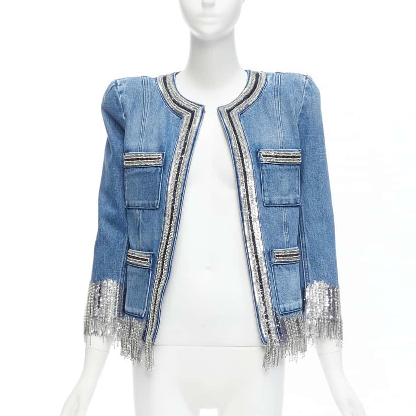 Balmain Blue Denim Crystal Jacket Blue Never worn - Inside View