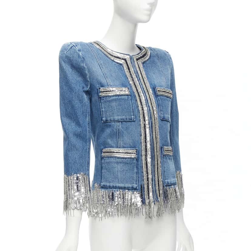 Balmain Blue Denim Crystal Jacket Blue Never worn - Model View