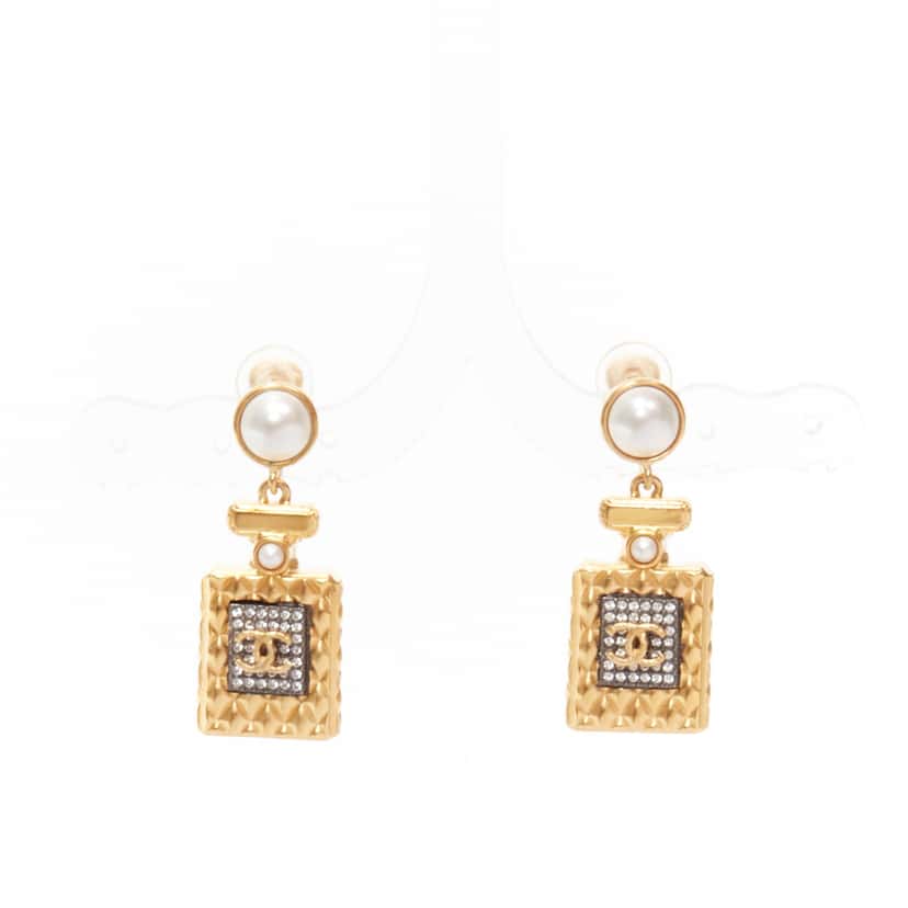 Chanel Perfume Bottle Earrings Gold Metal Never worn - Front View