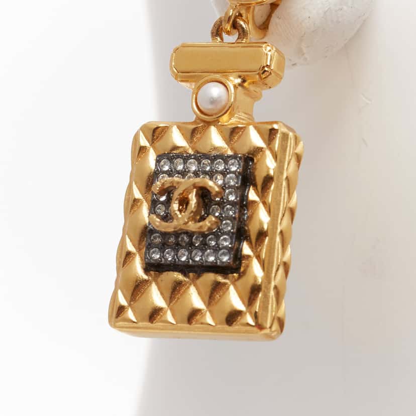 Chanel Perfume Bottle Earrings Gold Metal Never worn - Box View