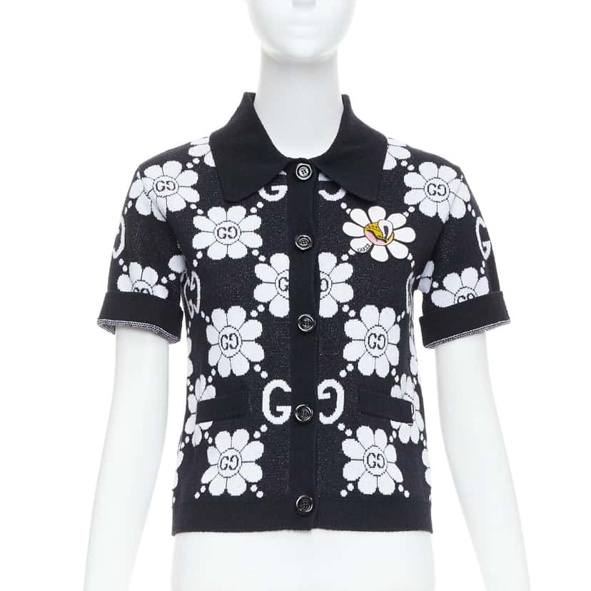 Gucci Daisy Polo Cardigan Black Cotton Never worn - Front View