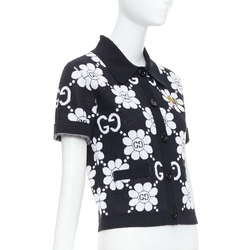 Gucci Daisy Polo Cardigan Black Cotton Never worn - Model View
