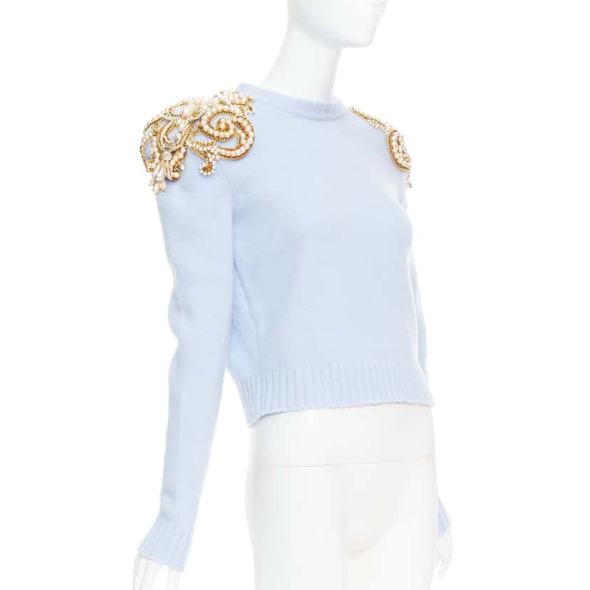 Balmain Pearl Embellished Sweater Blue Wool Very good condition - Front View