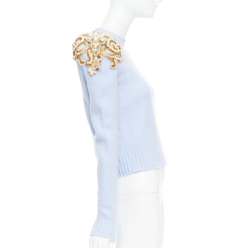 Balmain Pearl Embellished Sweater Blue Wool Very good condition - Model View