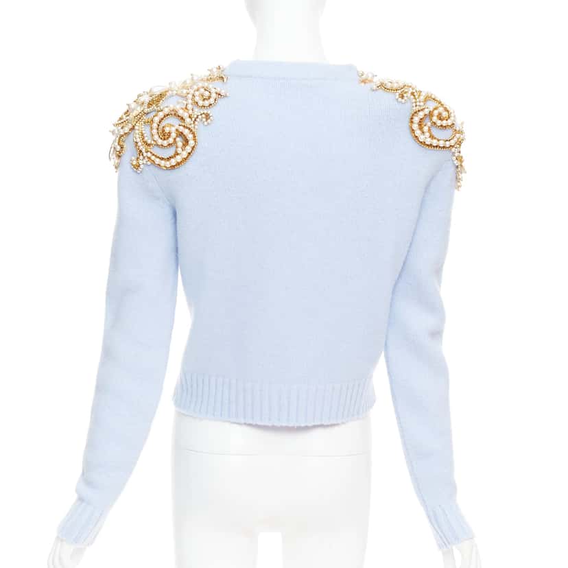 Balmain Pearl Embellished Sweater Blue Wool Very good condition - Box View