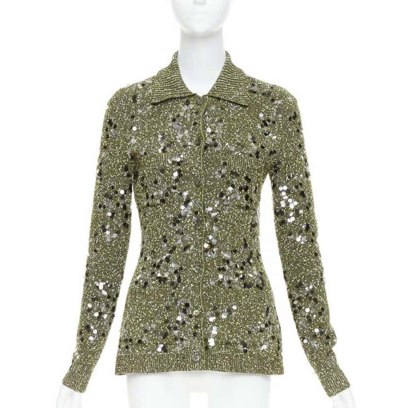 Gucci Pailettes Boucle Cardigan Green Viscose Very good condition - Front View