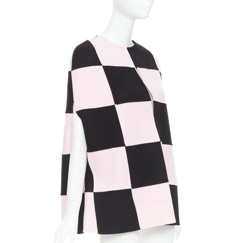 Valentino Checkered Cape Coat Black Wool Very good condition - Front View