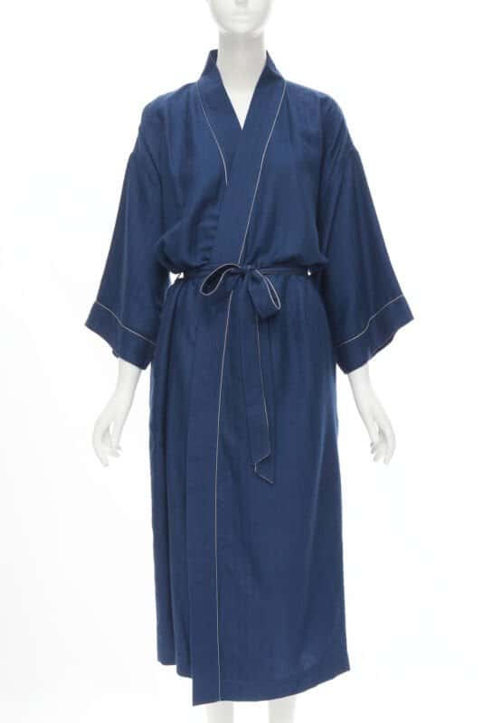 Hermès Cashmere Suede Belted Robe Blue Cashmere Never worn - Front View