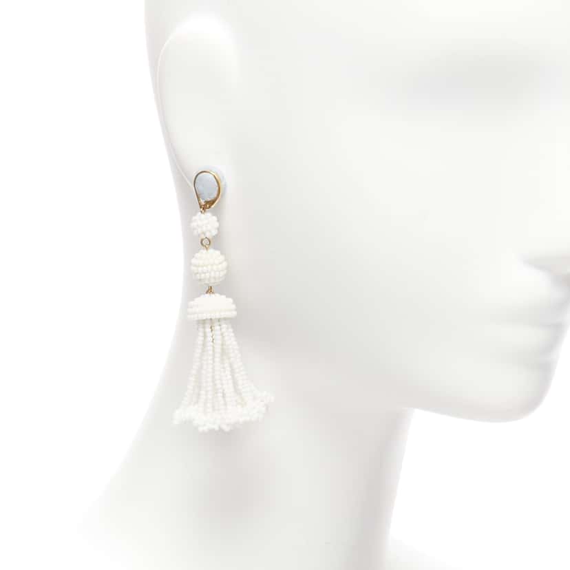 Celine Beaded Tassel Earrings White Plastic Never worn - Front View