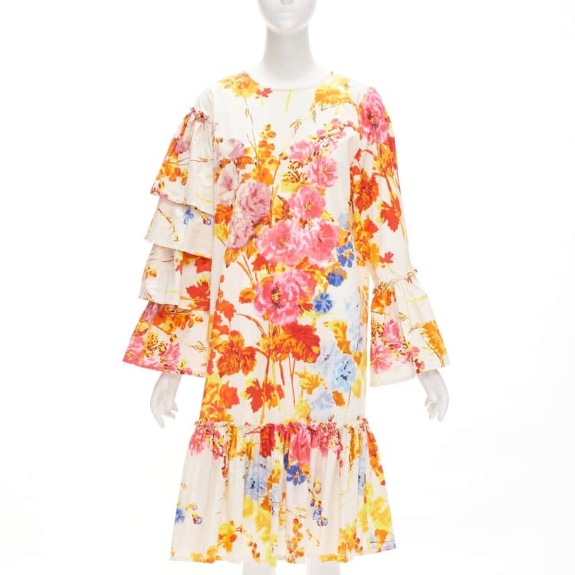 Dries Van Noten Floral Ruffle Dress Beige Cotton Never worn - Inside View