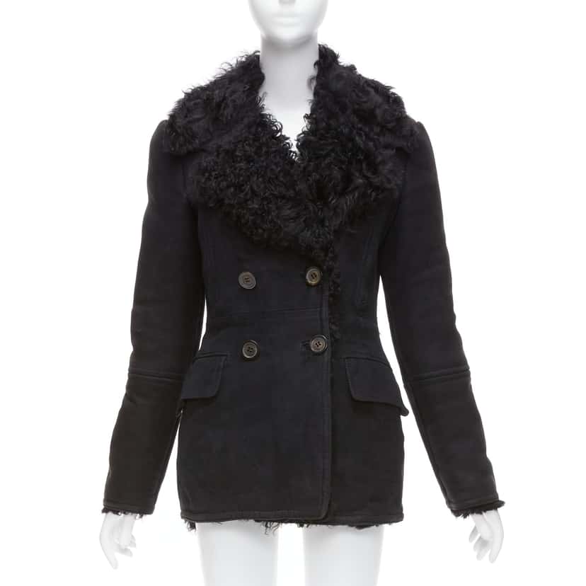 Gucci Black Shearling Wool Coat Black Suede Fair condition - Front View