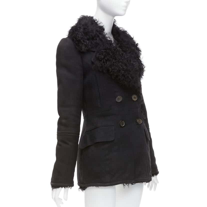 Gucci Black Shearling Wool Coat Black Suede Fair condition - Model View