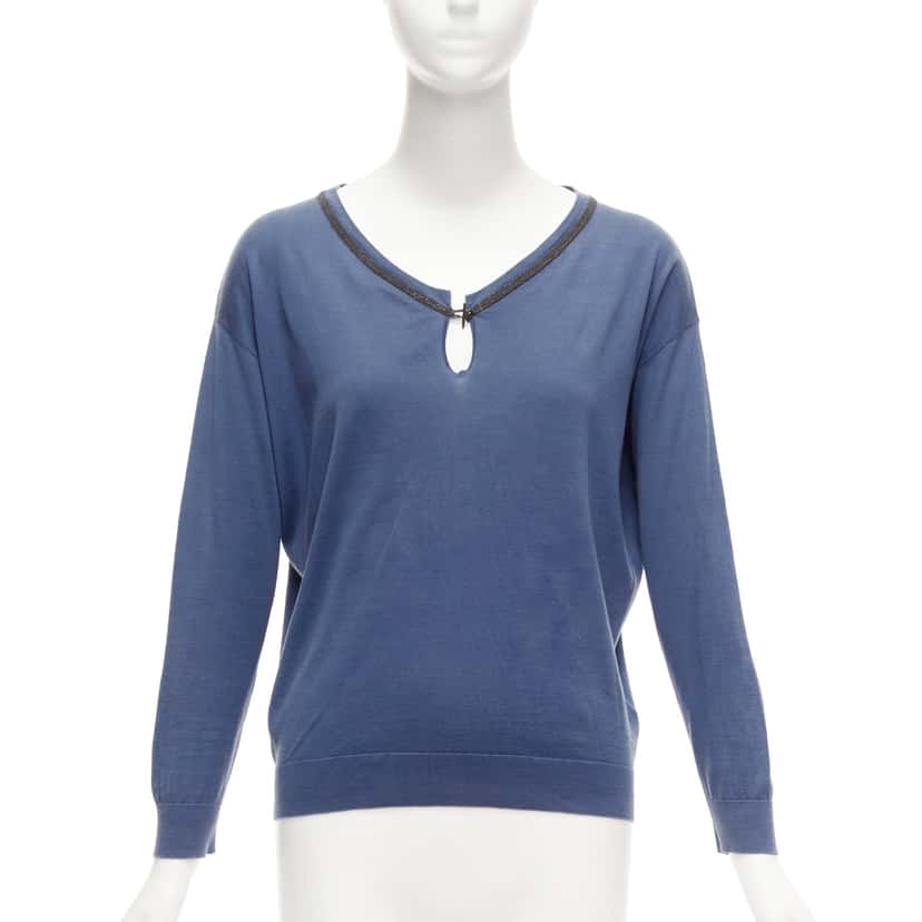 Brunello Cucinelli Beaded Keyhole Top Blue Cotton Good condition - Front View