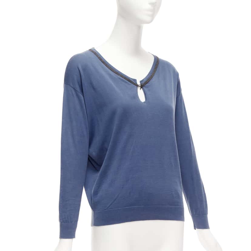 Brunello Cucinelli Beaded Keyhole Top Blue Cotton Good condition - Inside View