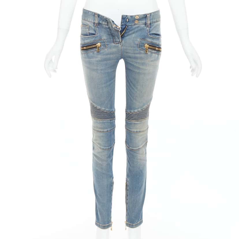 Balmain Ribbed Moto Jeans Blue Good condition - Front View