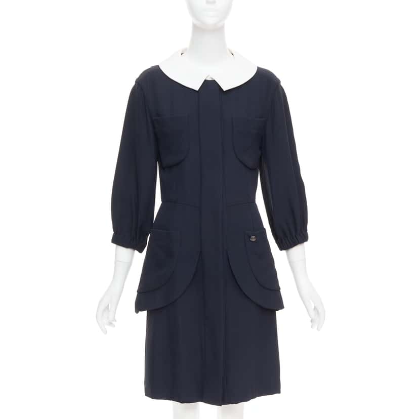 Chanel Collar Trompe Dress Black Silk Very good condition - Front View