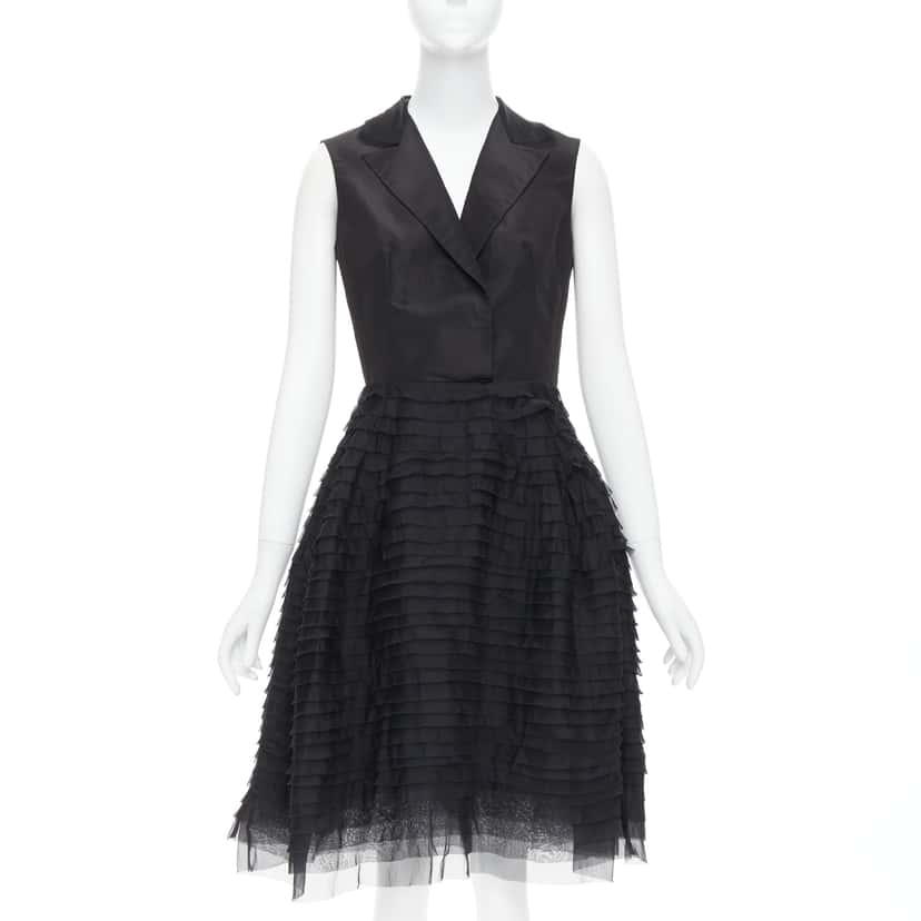 Oscar De La Renta Tiered Puff Dress Black Silk Good condition - Front View