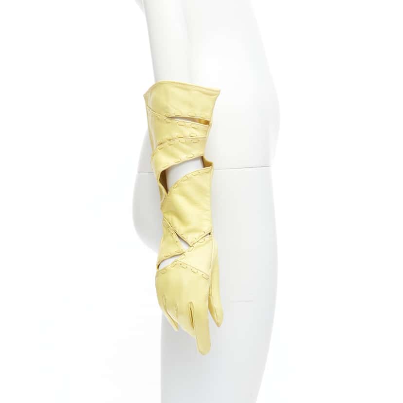 Claude Montana Striped Mitten Gloves Yellow Leather Fair condition - Front View