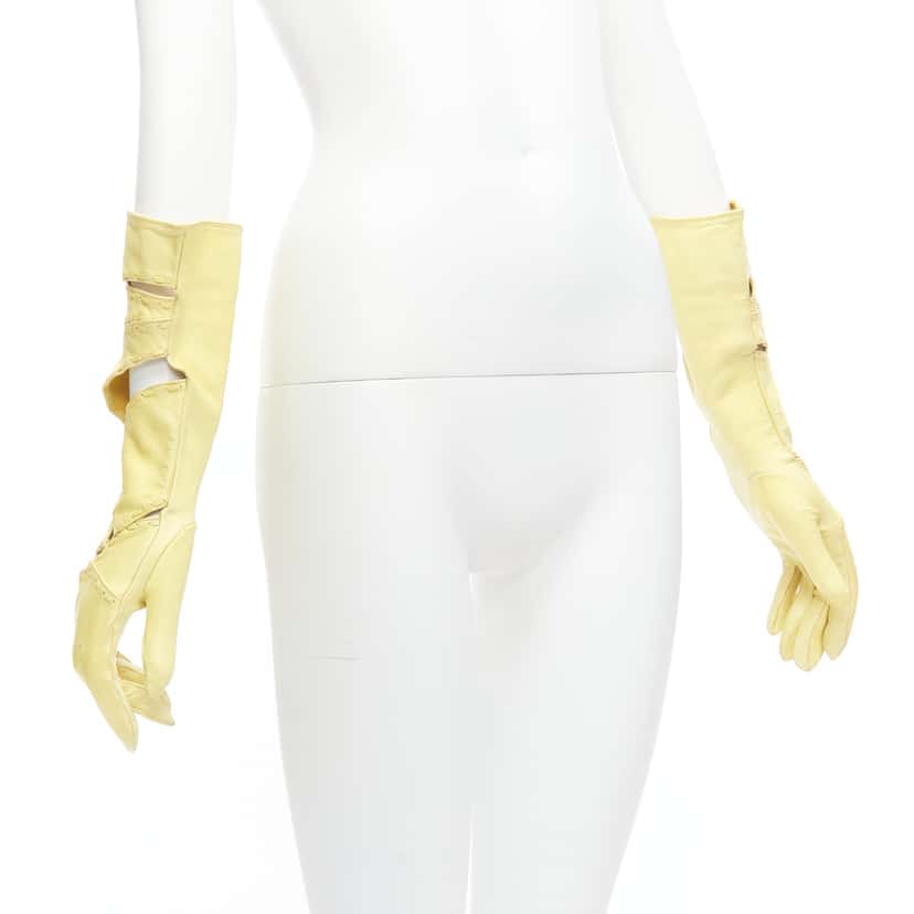 Claude Montana Striped Mitten Gloves Yellow Leather Fair condition - Model View