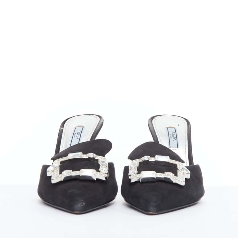 Prada Crystal Buckle Mules Black Suede Fair condition - Inside View