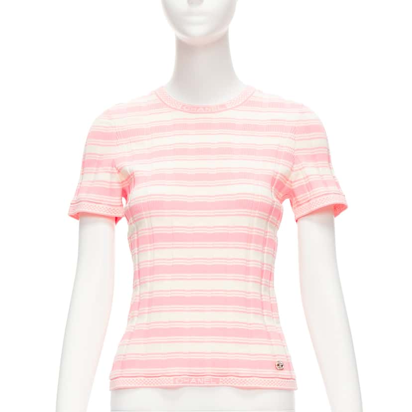 Chanel Stripe Logo Sweater Pink Cotton Very good condition - Front View