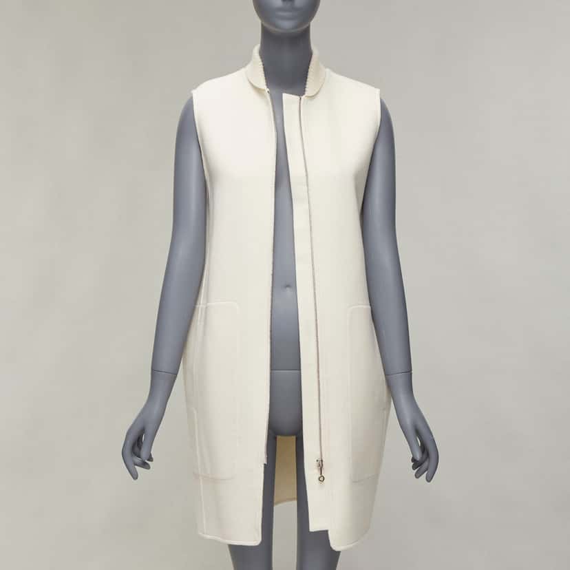 Hermès Cream Ribbed Sleeveless Coat Ecru Cashmere Never worn - Inside View