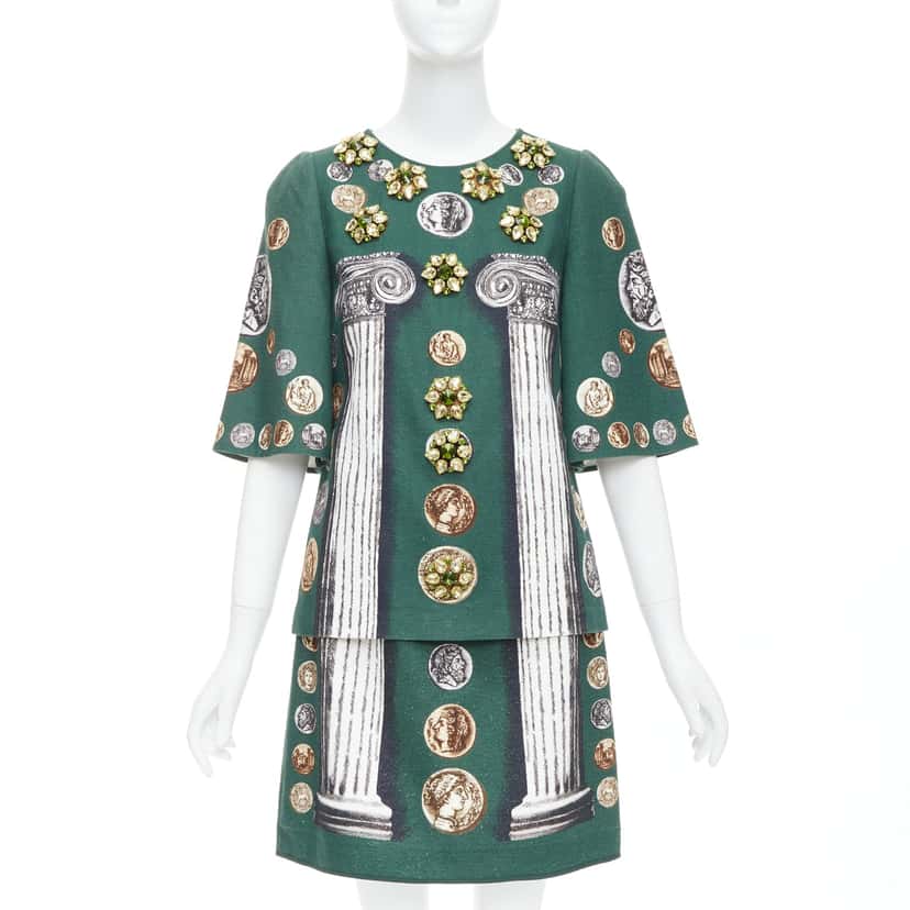 Dolce & Gabbana Roman Coin Skirt Set Green Linen Never worn - Front View