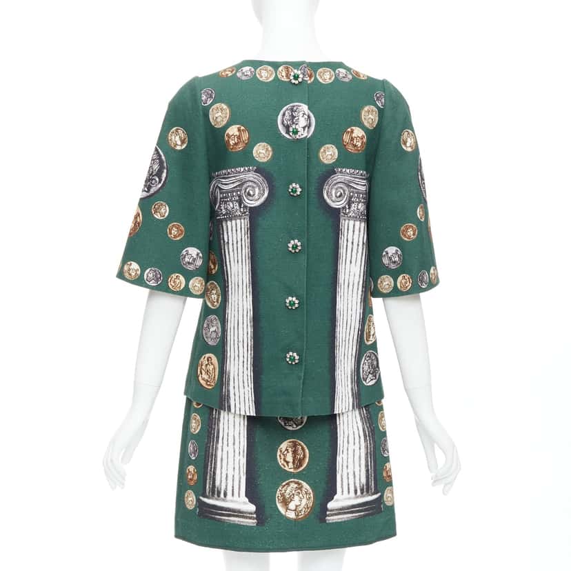 Dolce & Gabbana Roman Coin Skirt Set Green Linen Never worn - Box View