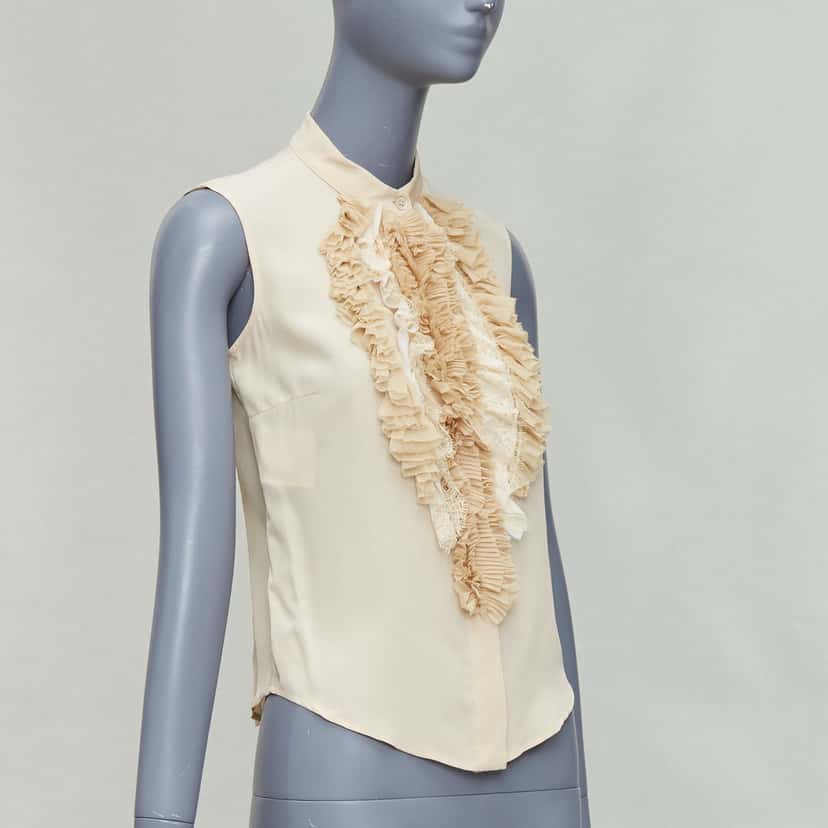 Prada Ruffle Sleeveless Shirt Beige Silk Never worn - Inside View