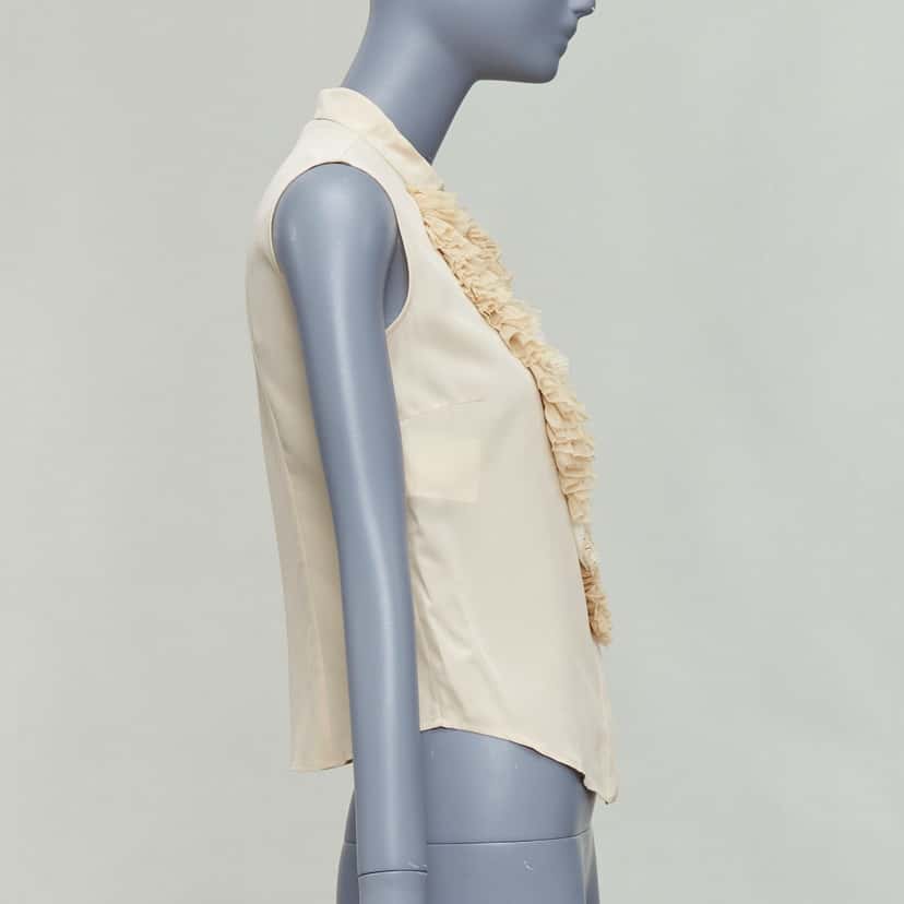 Prada Ruffle Sleeveless Shirt Beige Silk Never worn - Model View