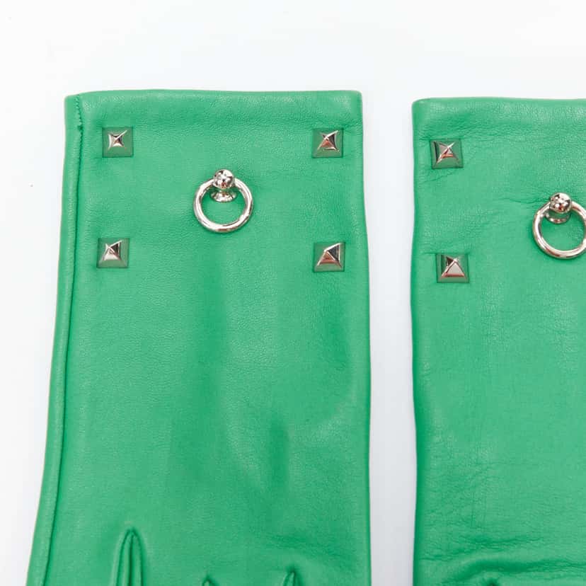Hermès Pink Stud Gloves Green Leather Very good condition - Inside View