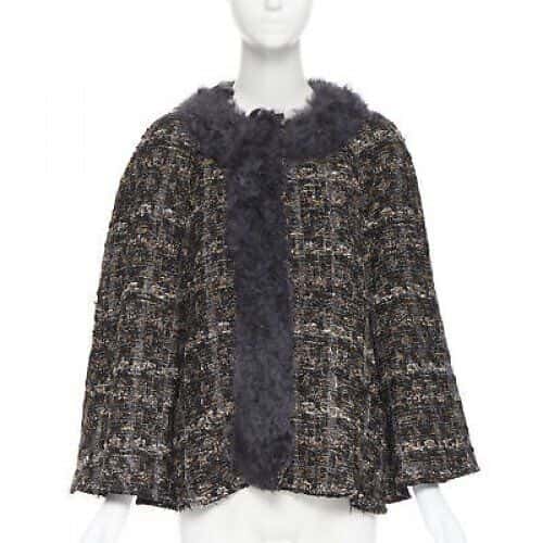 Dolce & Gabbana Tweed Shearling Poncho Brown Wool Never worn - Front View