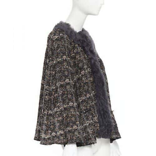 Dolce & Gabbana Tweed Shearling Poncho Brown Wool Never worn - Inside View