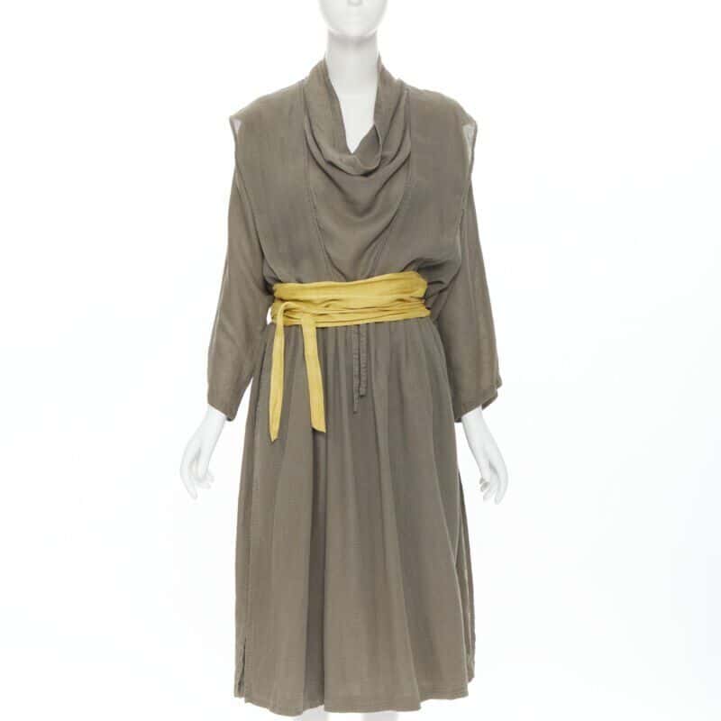 Issey Miyake Obi Belt Dress Beige Linen Never worn - Front View