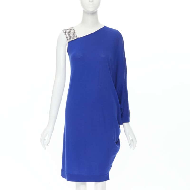 Balmain Crystal Strap Dress Blue Wool Never worn - Front View