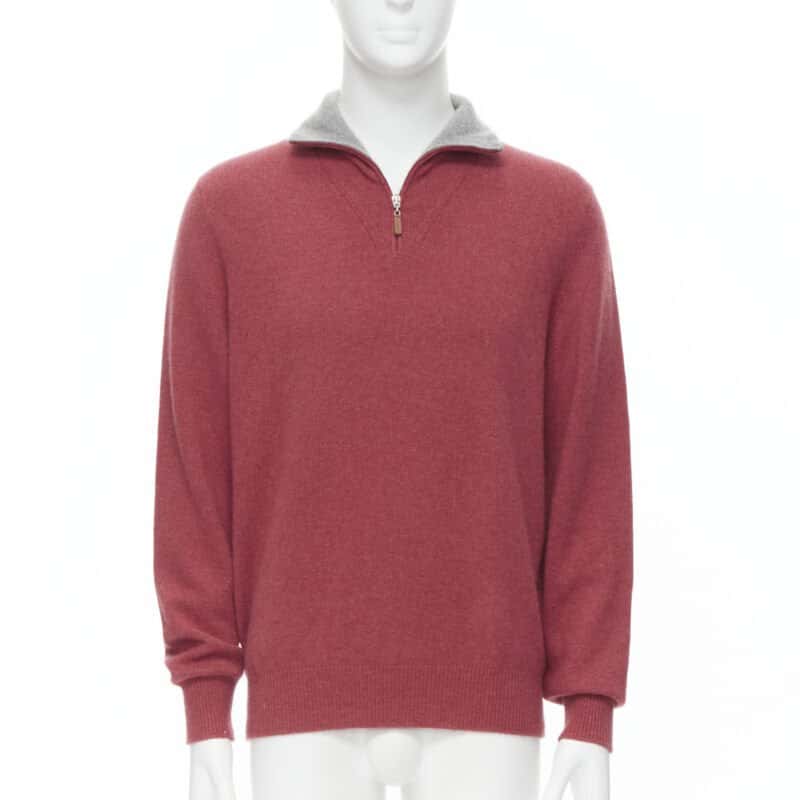 Brunello Cucinelli Half Zip Pullover Red Cashmere Never worn - Front View