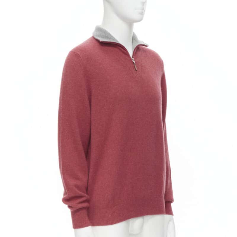 Brunello Cucinelli Half Zip Pullover Red Cashmere Never worn - Inside View