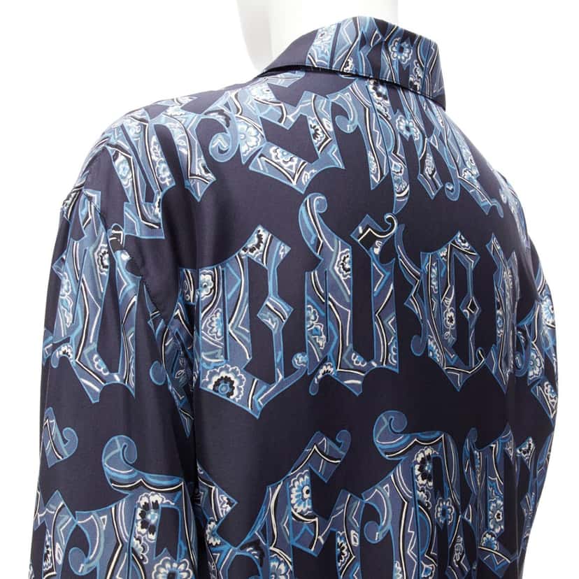 Gianni Versace Gothic Logo Shirt Blue Silk Good condition - Back View