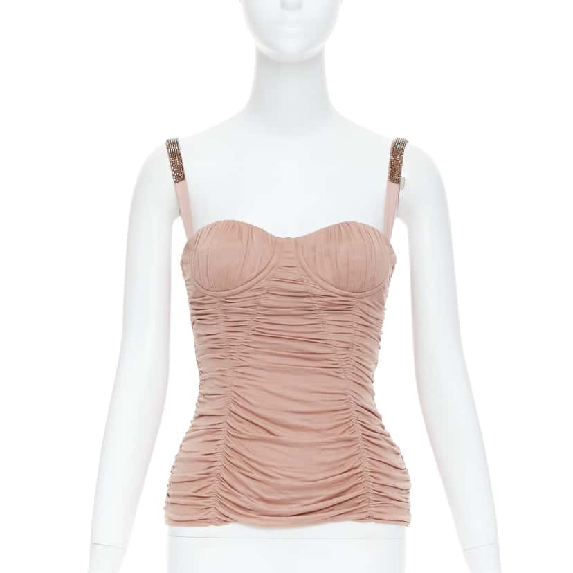 Dolce & Gabbana Crystal Ruched Bustier Beige Silk Very good condition - Front View