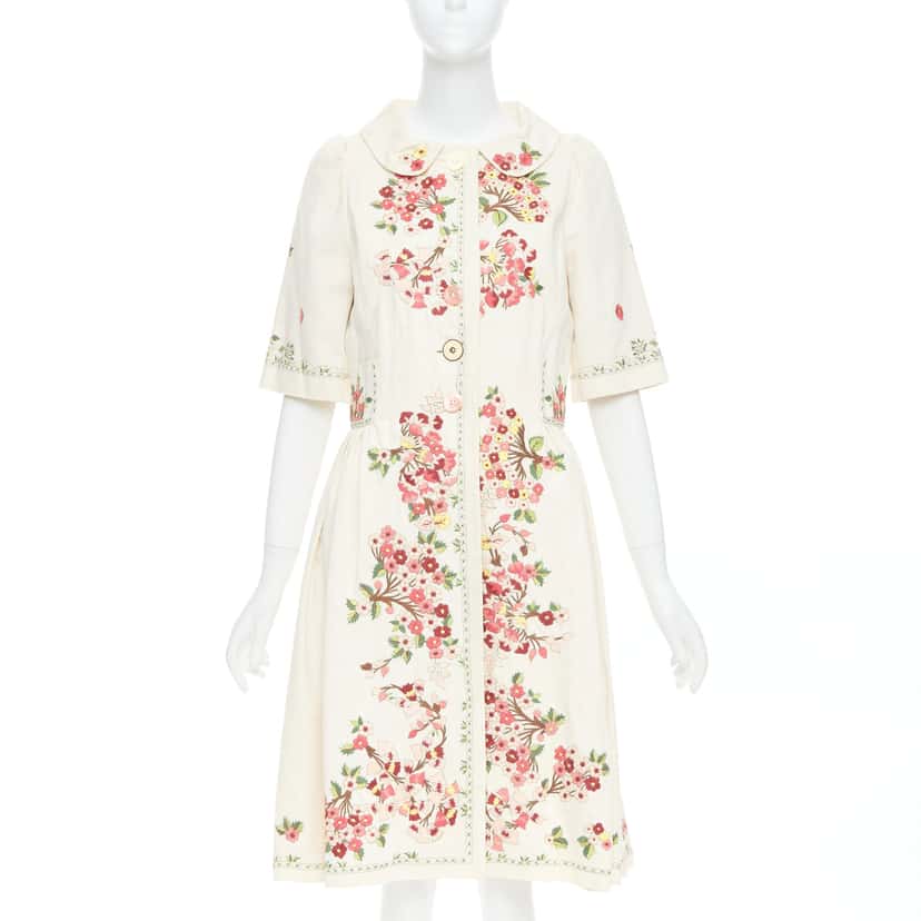 Kenzo Floral Coat Dress Beige Cotton Good condition - Front View
