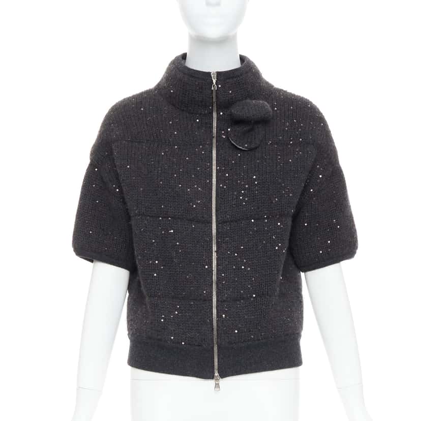 Brunello Cucinelli Sequin Padded Cardigan Grey Cashmere Very good condition - Front View