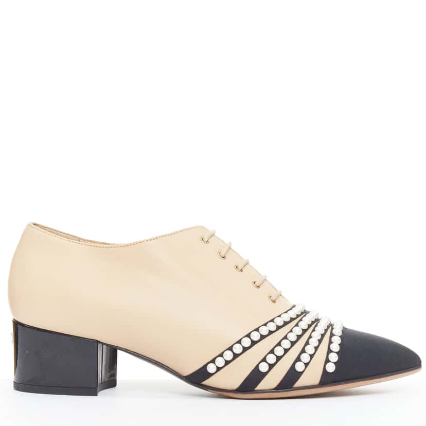 Chanel Pearl Cap Oxfords Beige Leather Fair condition - Front View