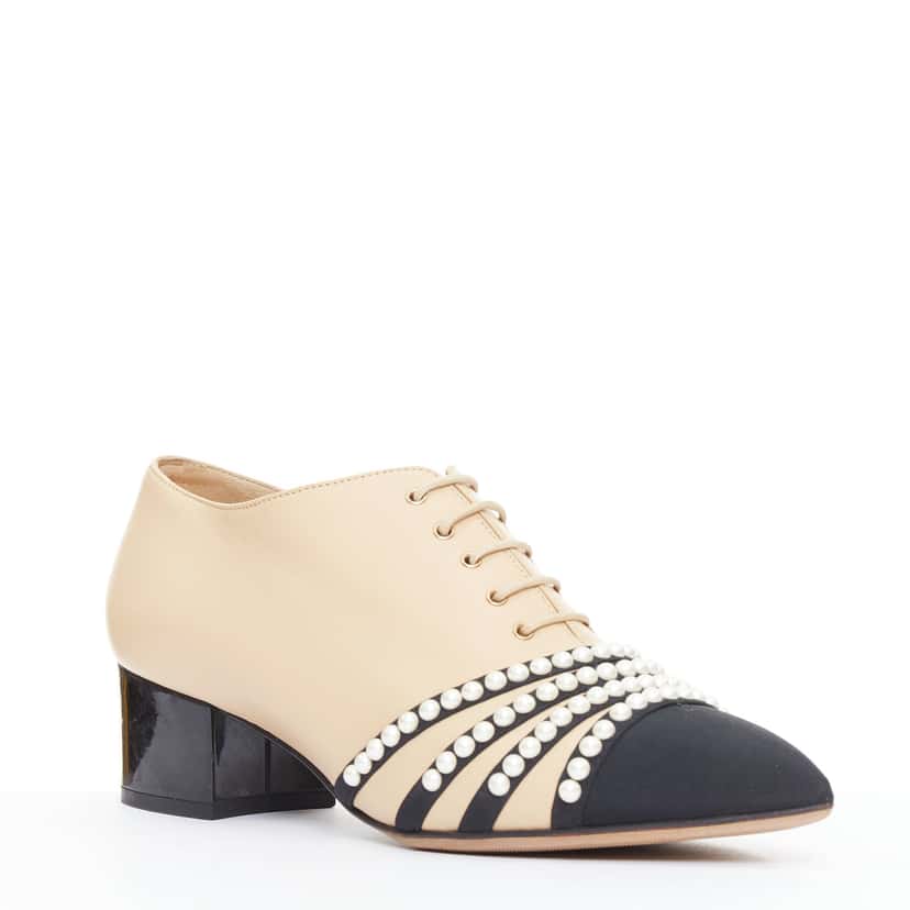 Chanel Pearl Cap Oxfords Beige Leather Fair condition - Back View