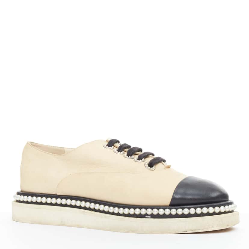 Chanel Leather Pearl Derbies Beige Leather Fair condition - Back View