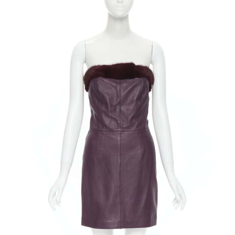 Gianni Versace Leather Strapless Dress Purple Leather Fair condition - Front View