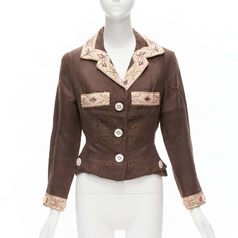 Unsigned Embroidery Blazer Brown Linen Never worn - Front View