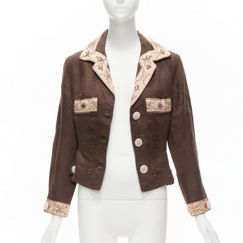 Unsigned Embroidery Blazer Brown Linen Never worn - Inside View